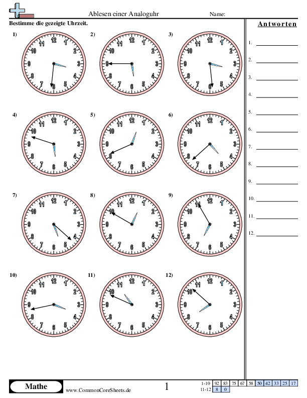 1 Minuten-Zeitabschnitte worksheet